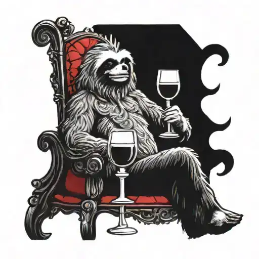 king sloth sitting on a throne and drinking red wine tattoo design idea