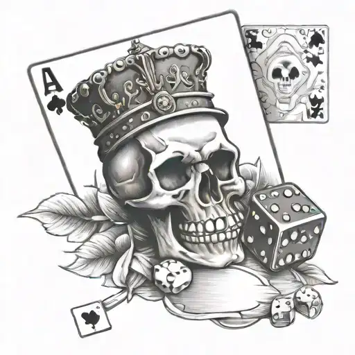 skull, royal flush hand and dice tattoo design idea
