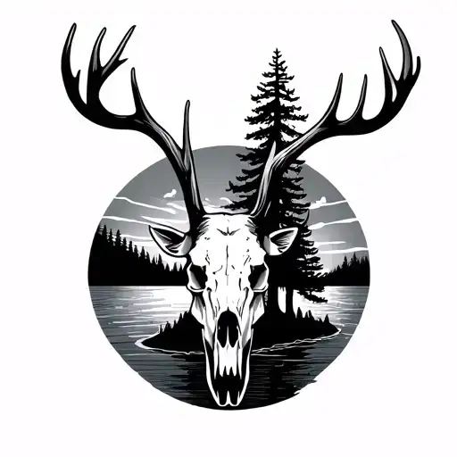elk skull, sunset, pine tree tattoo design idea