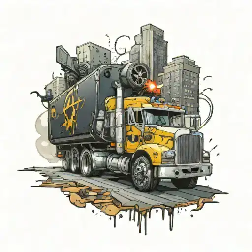 A neotraditional tattoo of a Warhammer 40k inspired semi truck battling a cyberpunk cityscape tattoo design idea