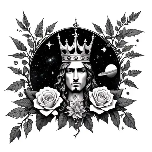 King crown in background weed tree vines and roses, with galaxy, saturn surrounding it  tattoo design idea