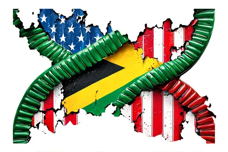 Jamaican flag intertwined with American flag inside DNA double helix ripped skin look tattoo design idea