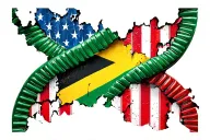 Jamaican flag intertwined with American flag inside DNA double helix ripped skin look tattoo design idea