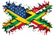 Jamaican flag intertwined with American flag inside DNA double helix ripped skin look tattoo design idea