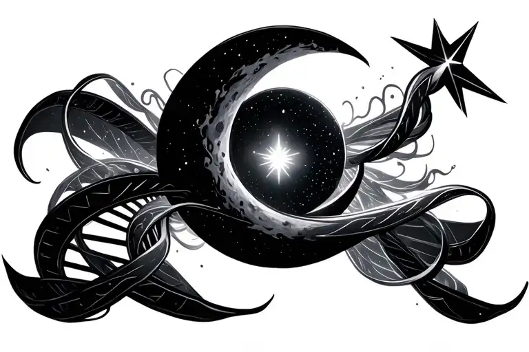 Half moon, flowing soundwaves ,aurora ribbons forming a DNA spiral, a glowing subwoofer speaker,small guiding star above tattoo design idea