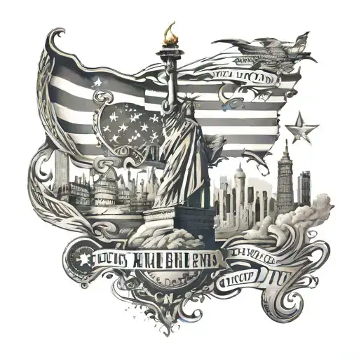 A patriotic sleeve tattoo featuring iconic American landmarks and symbols with the client's family names hidden in the design tattoo design idea