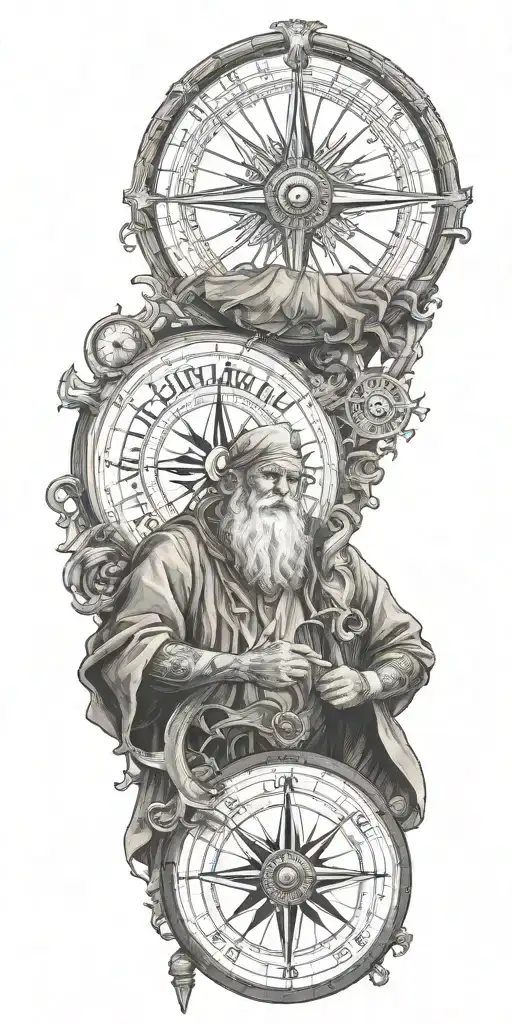 Father Time with tattoos on his arms, holding nautical compass, semi colon unr his wearing eye, start night background  tattoo design idea