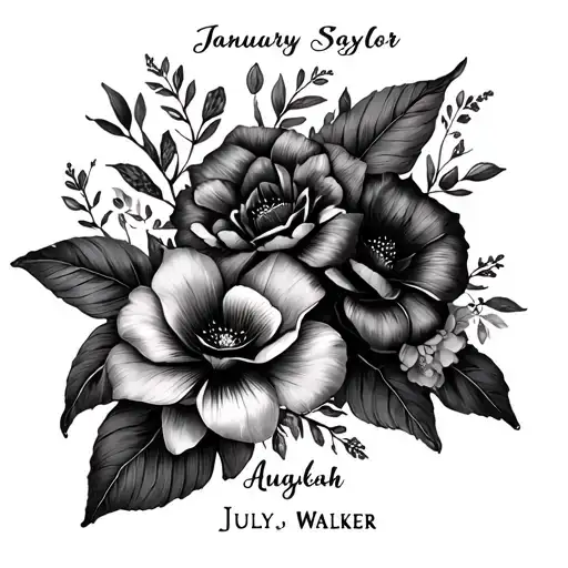 birth flowers January, July, August with leopard print and names Aleeah, Saylor, Walker arm tattoo  tattoo design idea