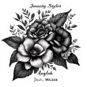 birth flowers January, July, August with leopard print and names Aleeah, Saylor, Walker arm tattoo  tattoo design idea