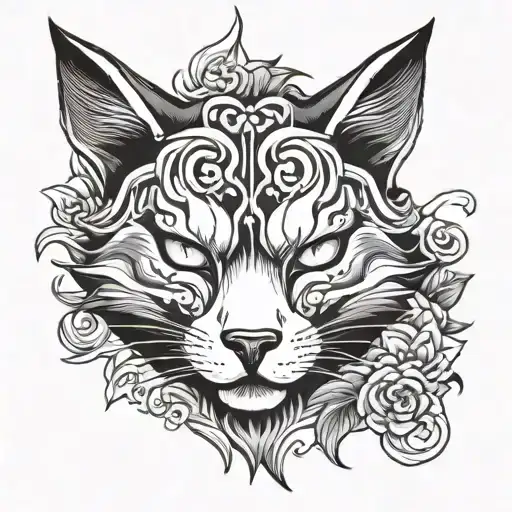 kitsune mask split in half cat face on Japanese mountain  tattoo design idea