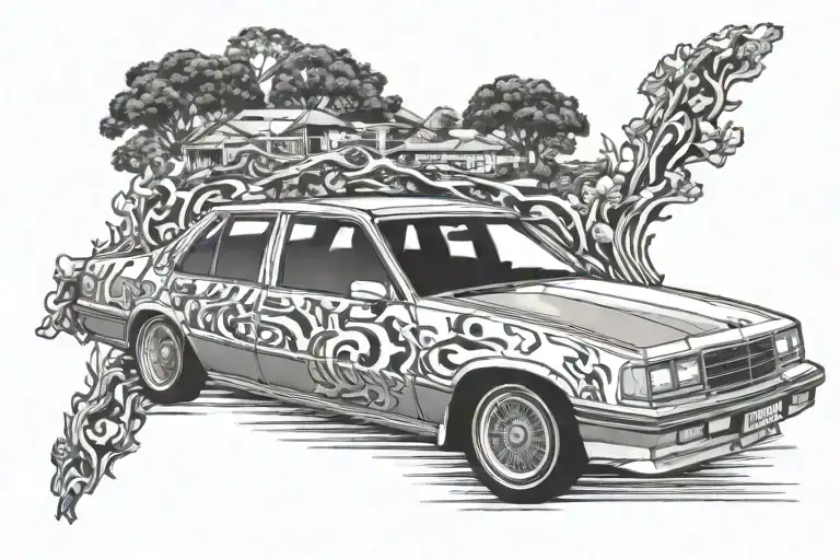 The tattoo stencil features a australian car. a white 1980s Holden VK Commodore,＂ slightly lowered with c tattoo design idea