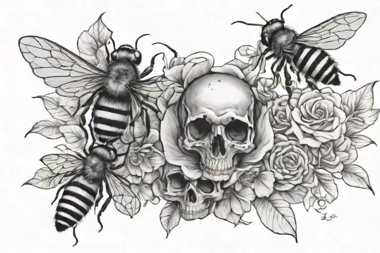 Bee's , flowers and skulls tattoo design idea