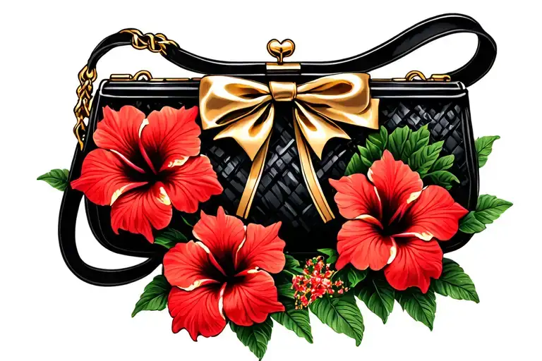 multiple red hibiscus flowers around black purse and gold bow tattoo design idea