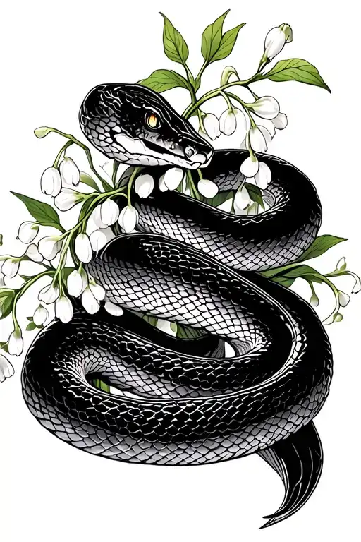 A striking black and white illustration features a coiled snake entwined with a bouquet of Lilly of the Valley, symboliz tattoo design idea