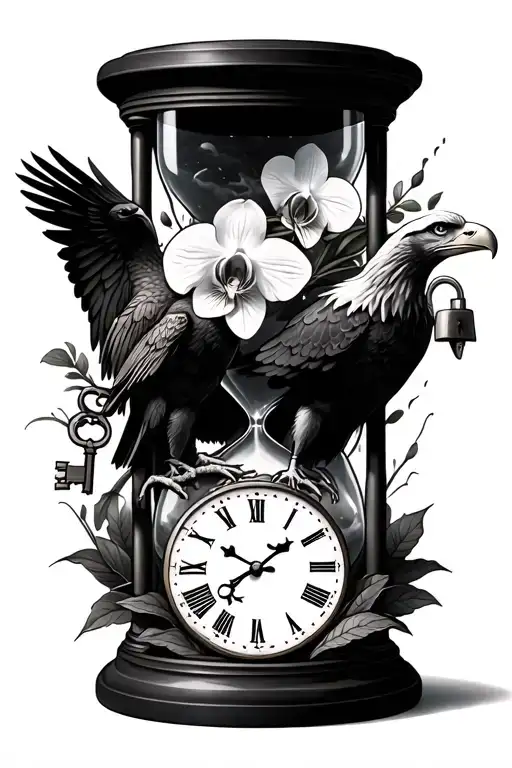 hourglass with clock melting held by bald eagles with an orchid and key and lock tattoo design idea