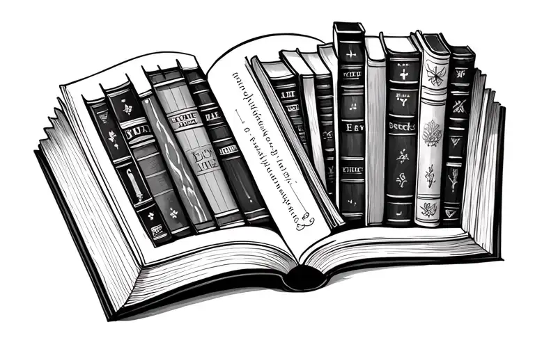 An opened book where there are bookshelves inside the opened pages tattoo design idea