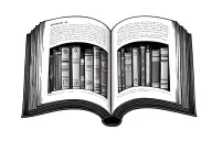 An opened book where there are bookshelves inside the opened pages tattoo design idea