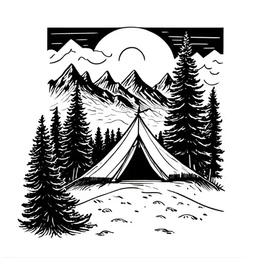 Line Work. Tent, Pine Trees, Mountains, sun. Tattoo design tattoo design idea