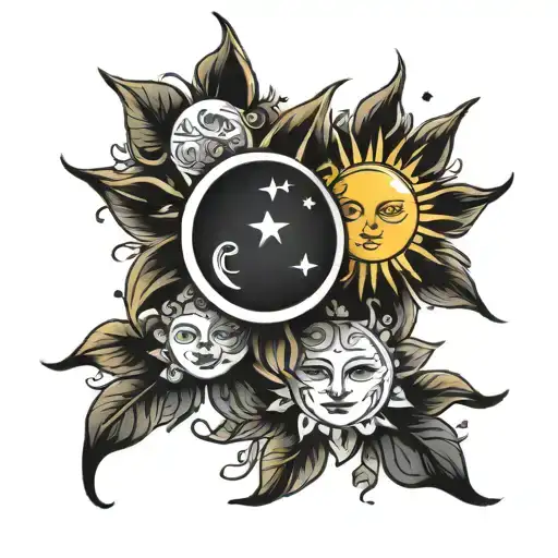 matching couples tattoo featuring sun and moon tattoo design idea