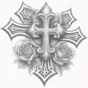 two chrome hearts crosses very close to eachother with a rose behind them. tattoo design idea