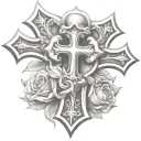 two chrome hearts crosses very close to eachother with a rose behind them. tattoo design idea