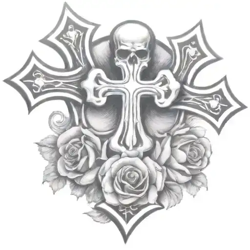 two chrome hearts crosses very close to eachother with a rose behind them. tattoo design idea