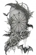 spider web with bats flying, a half moon, barbed wire, a rose, and spider  tattoo design idea