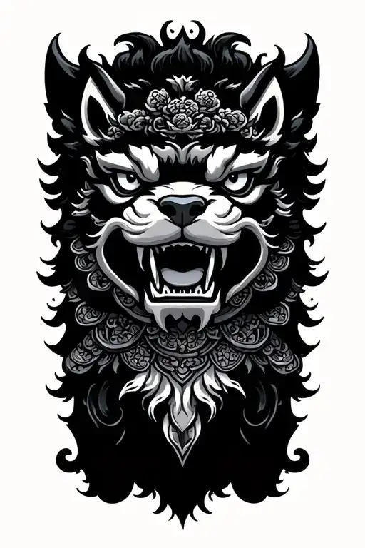 A detailed illustration of a traditional Japanese guardian lion dog (komainu). Traditional Japanese waves/cl background  tattoo design idea