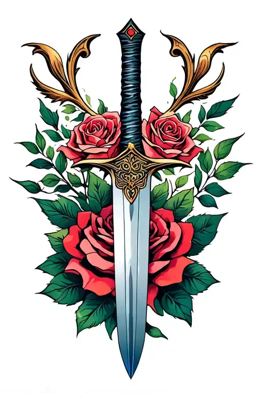 A minimalist design of the Mulan family sword intertwined with a rose from Beauty and the Beast tattoo design idea