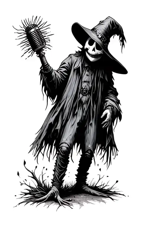 A gothic scarecrow looking forward with microphone tattoo design idea