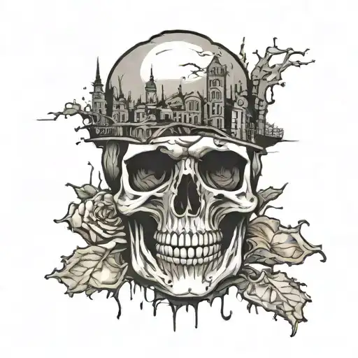 rotting skull with city in background  tattoo design idea
