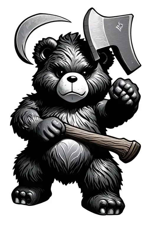 vengful gummy bear holding axe tattoo design idea
