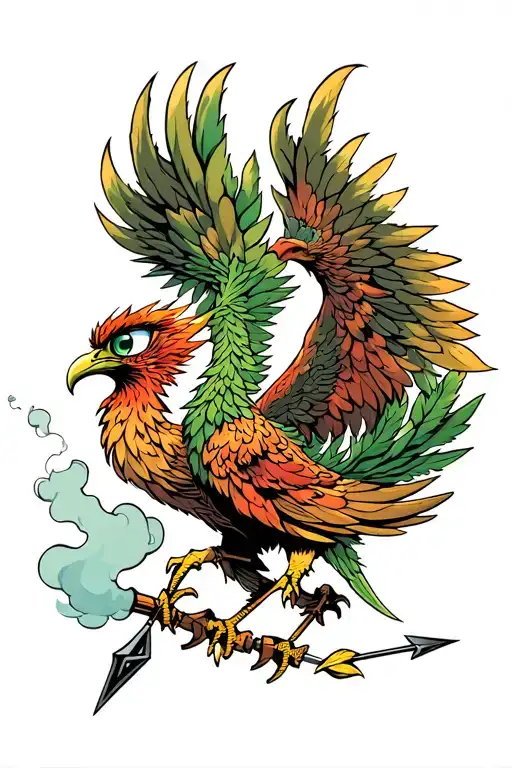 Phoenix coming from weed smoke with it's 3rd eye open and holding an arrow in its feet tattoo design idea