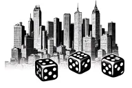 Nyc Skyline buildings in a line with 3 dice symbolizing the gamble tattoo design idea