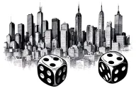 Nyc Skyline buildings in a line with 3 dice symbolizing the gamble tattoo design idea