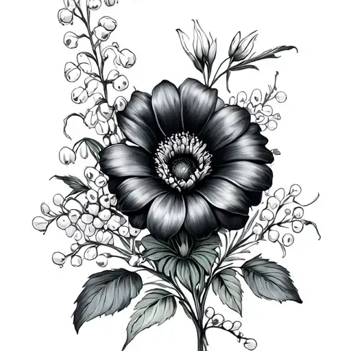 fine line Chrysanthemum, lily of the valley, morning glory bouquet  tattoo design idea