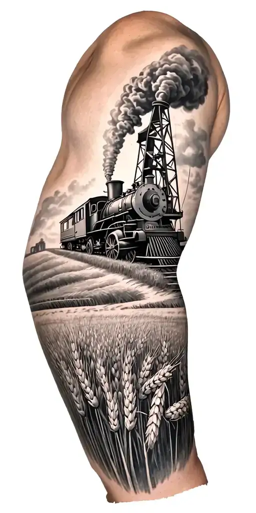 - Create a right arm sleeve tattoo with an old steam engine train, Native Medicine Man, Oil Pump Jack, wheat field tattoo design idea