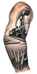 - Create a right arm sleeve tattoo with an old steam engine train, Native Medicine Man, Oil Pump Jack, wheat field tattoo design idea