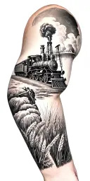 - Create a right arm sleeve tattoo with an old steam engine train, Native Medicine Man, Oil Pump Jack, wheat field tattoo design idea