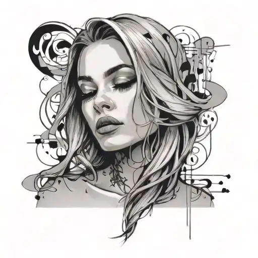 Musicnotes floats around a girl with soft straight hair, almond-eyes, full and large lips, and a sharp jawline tattoo design idea