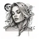 Musicnotes floats around a girl with soft straight hair, almond-eyes, full and large lips, and a sharp jawline tattoo design idea