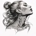 Musicnotes floats around a girl with soft straight hair, almond-eyes, full and large lips, and a sharp jawline tattoo design idea