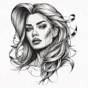 Musicnotes floats around a girl with soft straight hair, almond-eyes, full and large lips, and a sharp jawline tattoo design idea