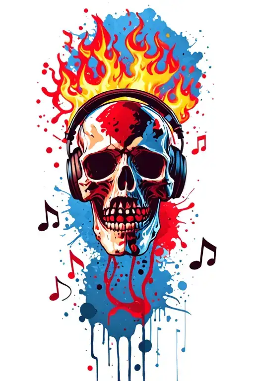 skull wearing headphones surrounded by fire shaped music notes tattoo design idea