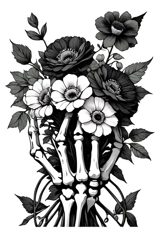 death tarot card but skeleton hand with a bouquet of flowrrs tattoo design idea