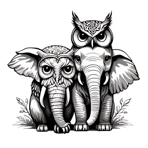 owl and elephant friends tattoo design idea