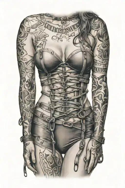sexy woman in bondage underwear standing facing left tattoo design idea