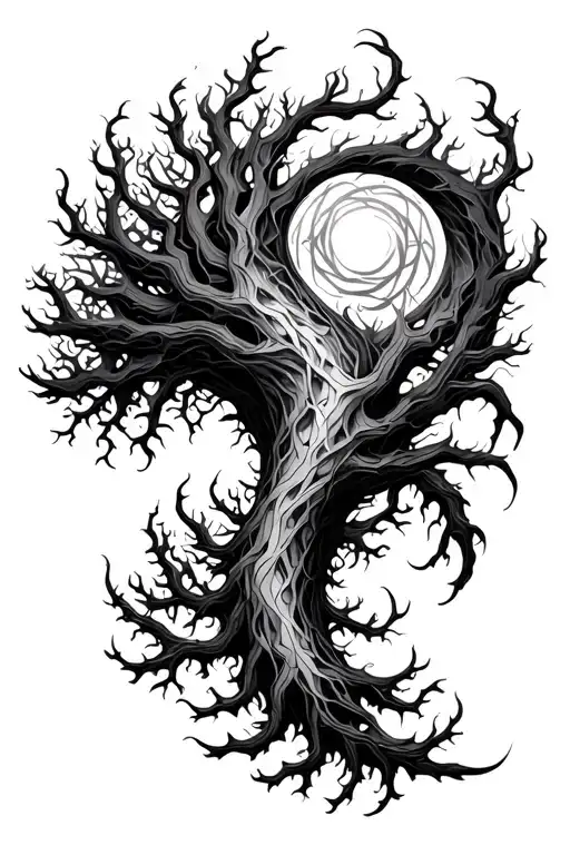 yggdrasil tattoo on shoulder to elbow spiraling polygons tattoo design idea