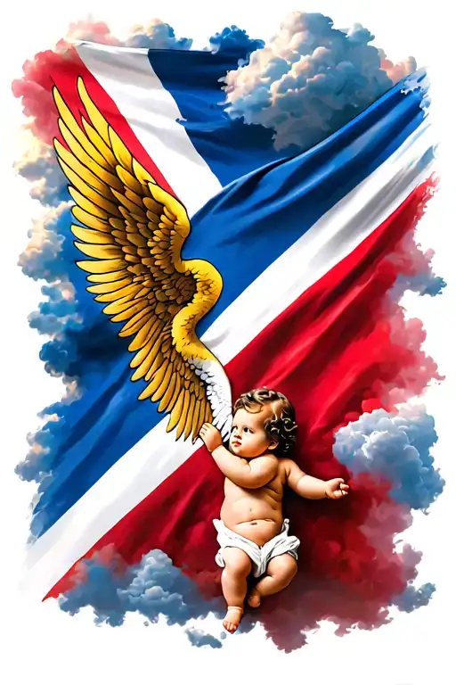 Dominican flag with clouds and a baby angel with wings spreading tattoo design idea