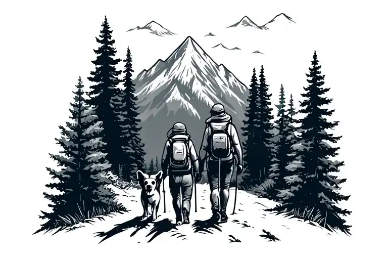 couple hiking with 2 dogs  tattoo design idea